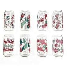 Christmas Themed Printed Glass Cup Set / With Bamboo Lid. Glass Straw, Stainless Steel Straw Brush. Multiple Fun Holiday Patterns, Transparent Cup Body With Excellent Texture, Suitable For Cold Drinks, Juice, Coffee, Perfect For Home Use, Holiday Gifts, Party Use, Decorating The Atmosphere Of Winter Time. - Multicolor - View 8