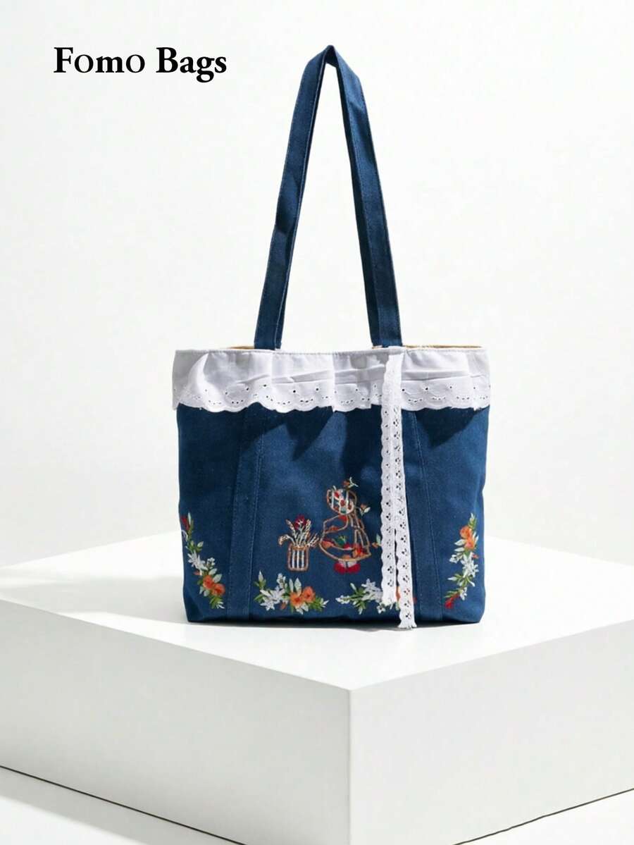 開學季刺繡包 森系甜美日系文青風 春夏新款復古蕾絲大容量托特包 蕾絲拼接女款單肩托特包 - 藍色 - 查看 1