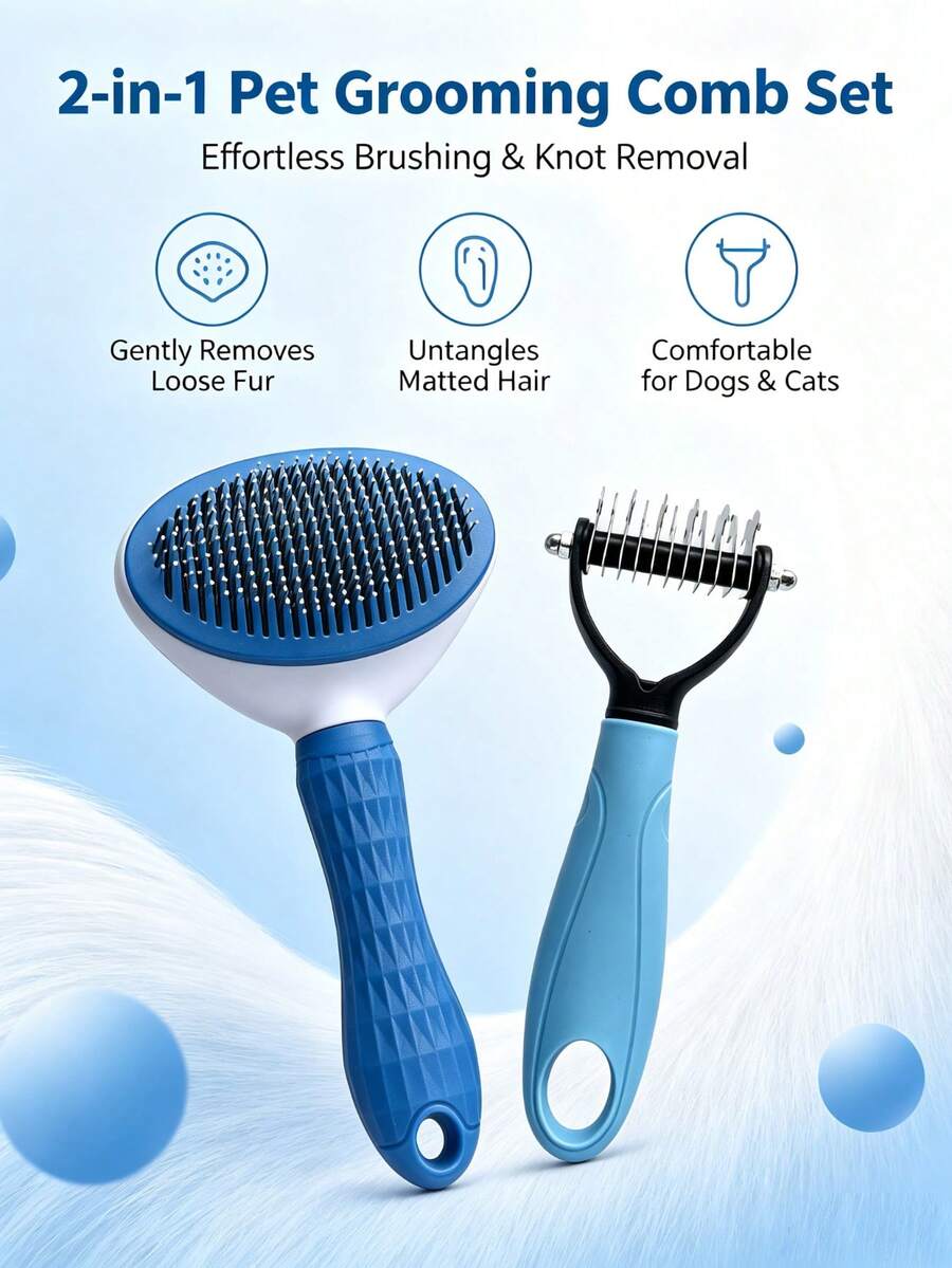 2-In-1 Pet Grooming Comb Set, Double-Sided De-Matting Comb & One-Click Self-Cleaning Slicker Brush, Hair Removal Tool For Cats And Dogs, Pet Shedding Cleaning Grooming Accessories