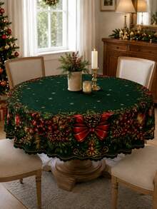 1pc Dark Green Christmas Wreath Tablecloth, Elegant Polyester Rectangular Tablecloth, Printed With Pine Branches, Red Bows, Berries And Decorative Balls Pattern, Suitable For Kitchen Decor, Home Decor, Room Decor, Christmas Home Decor And Classroom Decor - Multicolor - View 18