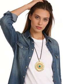 1pc Western Cowboy Style 3D Flower Turquoise Pendant Necklace, Braided Wax Rope Long Necklace Accessory, Christmas Halloween Holiday Gift Neck Jewelry, Gift For Girlfriend Mother Best Friend - Wax Rope - View 8