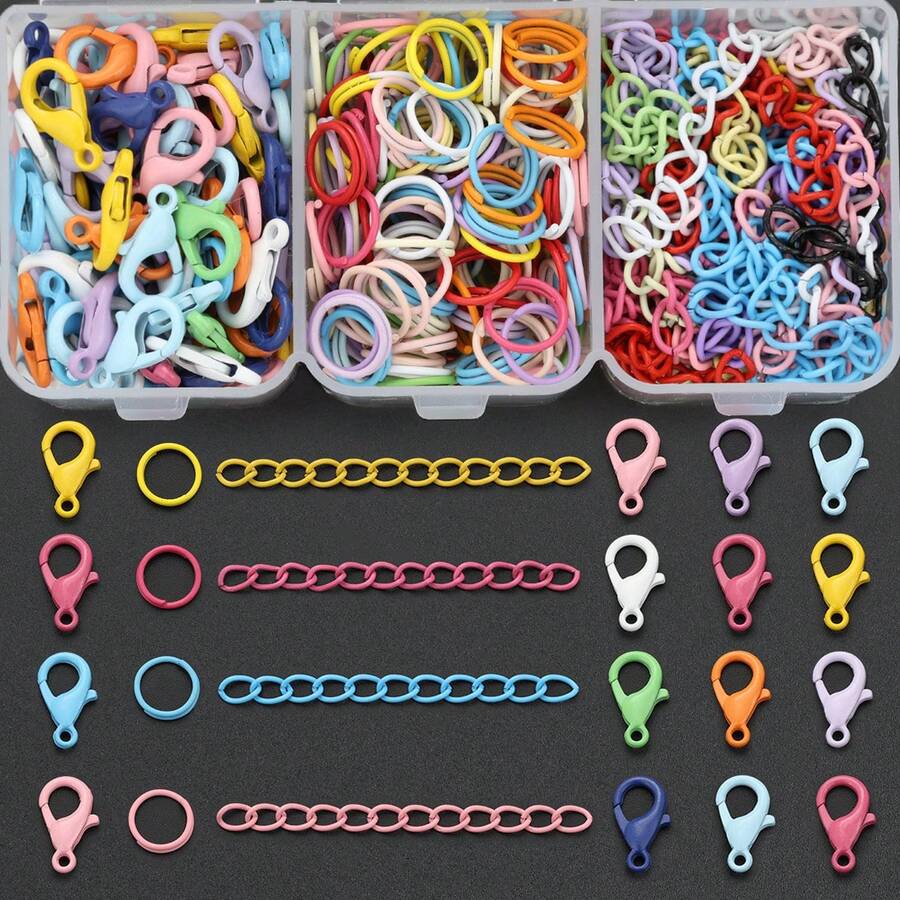 200pcs/Kotak Komponen Pembuatan Gantungan Kunci DIY, Warna Campuran Acak, Termasuk 50pcs Jepit Lobster Enamel Warna-warni + 50pcs Rantai Perpanjangan + 100pcs Cincin Penghubung, Cocok Untuk Gantungan Kunci DIY Kepang, Liontin Tas, Konektor Kalung Hewan Peliharaan, Cincin Konektor Terbuka, Jepitan Pegas, Bahan Pembuatan Aksesoris Gantungan Kunci, Pembuatan Aksesoris Gantungan Kunci DIY - Gesper lobster & rantai ekor & cincin loncat - View 1