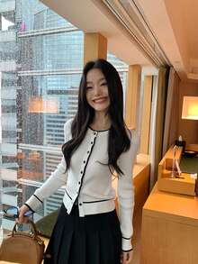 Elegant Round Neck Knit Cardigan Women Colorblock Design Fitted Long Sleeve Top - White - View 4