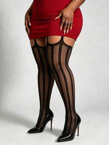 1 Pair Plus Size Friendly Vertical Striped Mesh Sexy Faux Thigh High Stocking Pants, Suitable For Nightclub Wear - Multicolor - View 2