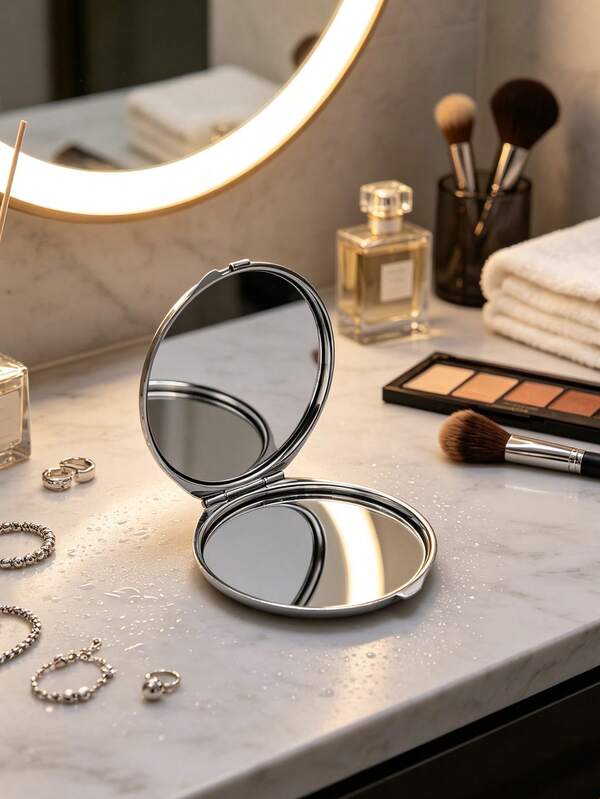 High-End Luxury Rhinestone Mini Round Compact Mirror, Portable Double-Sided Flip Makeup Mirror, Handheld For Student Dorm, Party, Graduation, Wedding, Event, Evening Makeup Touch-Up Beauty Tool, Small Mirror For Bag