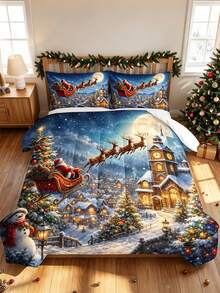 3pcs Christmas Theme, Santa Claus Reindeer Sleigh Christmas Pattern Bedding Set Comforter And Pillowcases 3 Pieces Set - Soft, Comfortable And Breathable Bedding, 200g Quilted Filling, Includes 1 Comforter And 2 Pillowcases (Pillow Inserts Not Included) - Perfect Choice For Home Or Dorm Christmas Decoration - Multicolor - View 8