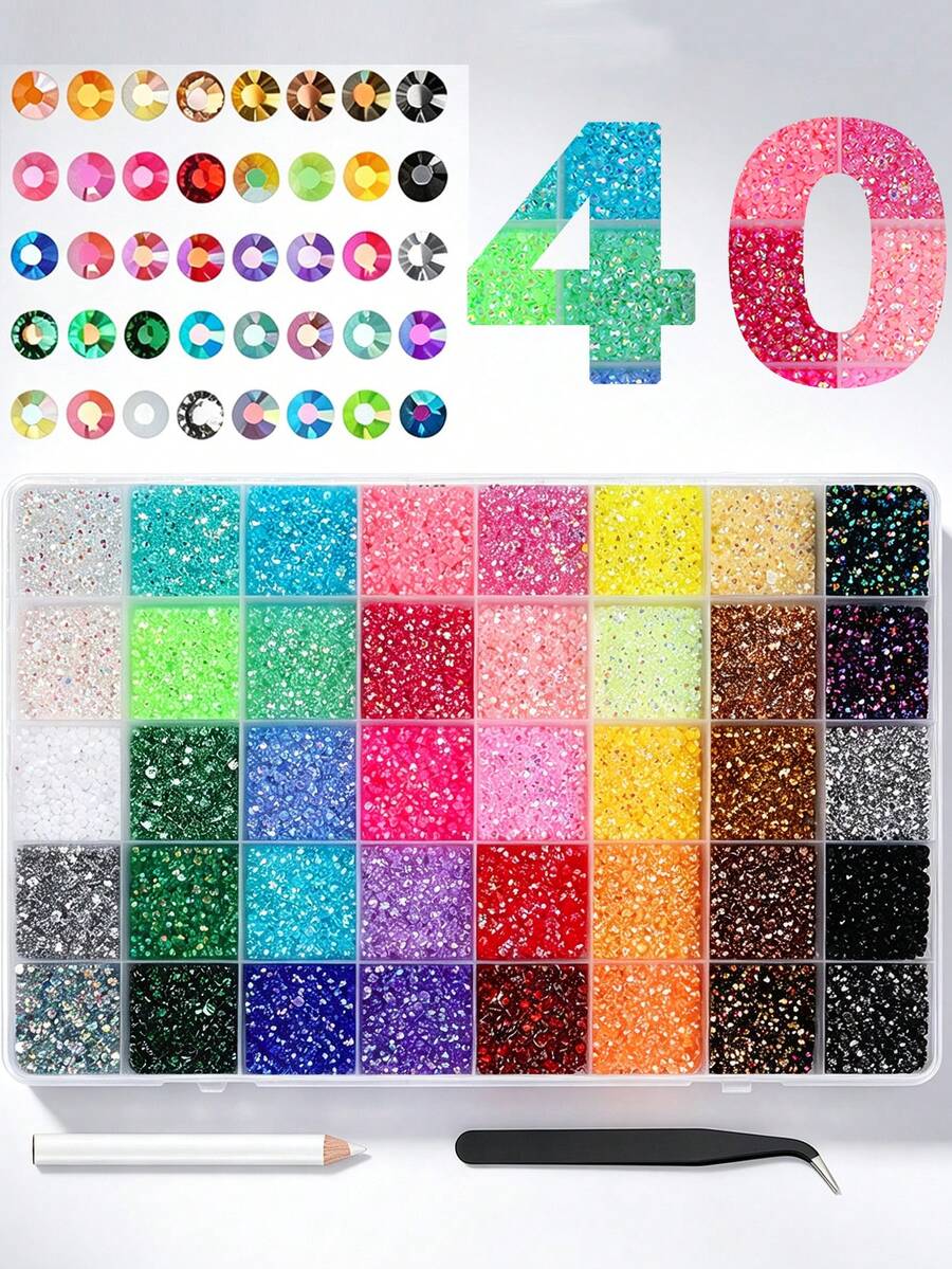 40 Grid Multi-Color Resin Rhinestone 3mm Manicure Kit With Free ...