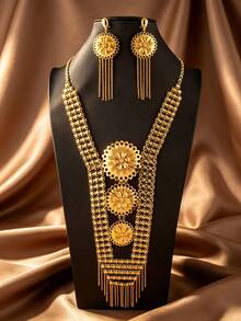 3件組 24K鍍金奢華精緻花卉流蘇珠寶套裝（項鍊+耳環）－女性杜拜與歐式風格金色婚禮派對飾品，適合夏季婚禮季、母親節與情人節送給她/媽媽/好友的完美禮物 - 金色 - 查看 10