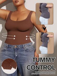 1pc Women Plus Size Seamless Bodysuit, Waist Cinching, Tummy Control, Butt Lifting - Brown - View 4