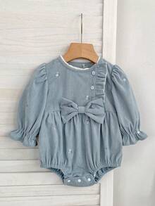 Infant & Toddler Spring/Autumn Embroidered Bow Long Sleeve Korean Style Girls Bodysuit - Dusty Blue - View 2