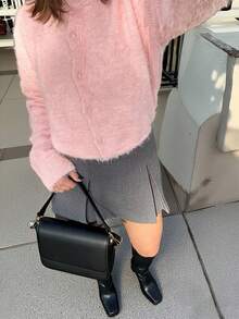 Women's Light Pink Button Front Knit Cardigan, Round Neck Long Sleeve Drop Shoulder Ribbed Trim Solid Color Elegant Casual Winter Sweater - Pink - View 5
