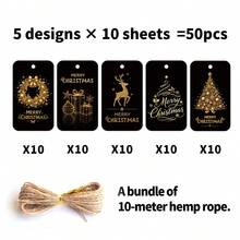 50pcs Merry Christmas Gift Tags With Jute Rope, Black And Gold Holiday Design, Featuring Reindeer, Christmas Tree And Wreath Patterns, Suitable For Gift Wrapping, Gift Bags And Party Favor Decoration - Multicolor - View 8