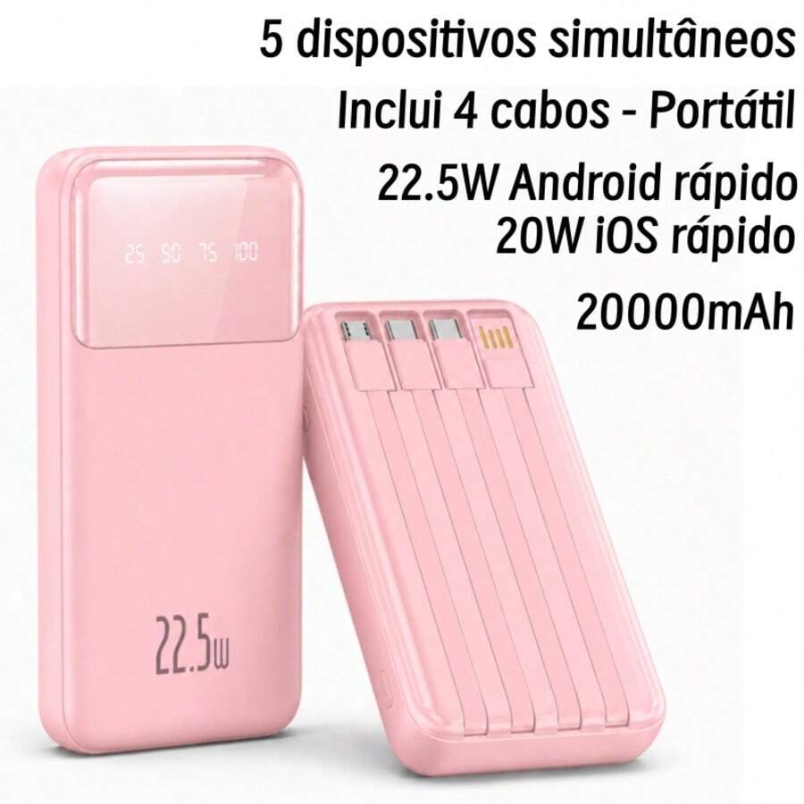 Power bank 20000mAh – Carregador Rápido, Bateria de Grande Capacidade, Quatro Cabos Integrados, Compatível com Todos os Dispositivos, Carregamento Simultâneo de 5 Dispositivos, Design Compacto e Portátil, Ideal para Viagens e Uso Diário. - Rosa chiclete - Visão 1