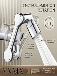1440° Universal Swivel Faucet, Heavy-Duty ABS With Metallic Surface, 2-In-1 Dual-Mode Extendable Retractable Faucet Nozzle With Anti-Splash Connector, Mechanical Arm Design, Easy Installation Compatible With Extender, Booster, Expander, Filter, Rotatable Manual Faucet, Modern Durable Faucet For Bathroom, Commercial Or Gift, Kitchen Sink Extender, Balcony Faucet, No Drilling Required - Multicolor - View 7