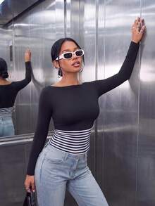 Women's Casual Boat Neck 2 In 1 Slim Fit Long Sleeve T-Shirt For Winter Fall Daily,Winter Fall Outfit,Winter Fall Clothes,Going Out,Cute - Black - View 5