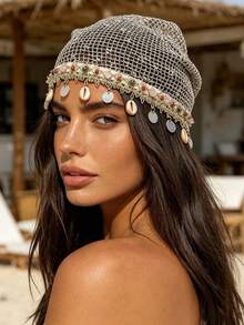 1pc Bohemian Style Hollow Knit Hat With Shell Tassel Decor, Suitable For Festival, Street And Daily Wear Accessory - Black - View 3