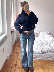Minimalist New Women's Ribbed Knit High Neck Double Zipper Cardigan Long Sleeve Short Loose Knit Jacket, Casual Daily Street Style Fall - Royal Blue - View 6