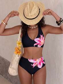 WaveBikini High Waist Bikini Set Quick Dry Halter V‑Neck Lily Floral Print Swimwear For Women Beach Pool Vacation Bathing Suit - Multicolor - View 3
