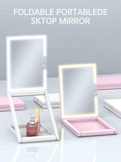 Foldable Travel LED Makeup Mirror, 1200mAh Rechargeable Touch Vanity Mirror, 3-Color Light With Stepless Dimming, Detachable 10X Magnifying Mirror, Portable Compact Makeup Mirror With Storage Tray, Women's Travel Gift