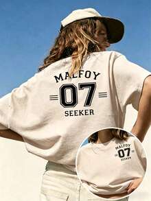 Women Crew Neck Tee, Malfoy 07 Seeker Back Print Short Sleeve, Stretchy All Season Casual Spring Summer Autumn Daily Printed Top, Graphic Summer Tops - 杏色 - 查看 1