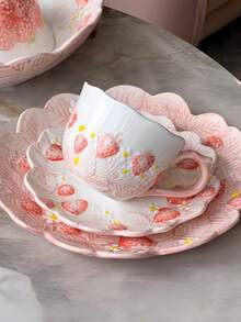 Embossed Underglaze Painted Strawberry Ceramic Cup And Saucer Set, Coffee Cup, Milk Cup, Breakfast Cup, Afternoon Tea Cup, Suitable For Home And Office, Perfect Holiday Birthday Housewarming Gift - Multicolor - View 6