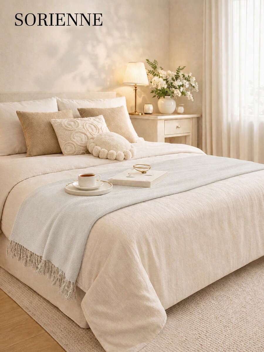 1pc Solid Color Chenille Tassel Bed Runner, Dirt-Resistant, Scratch-Resistant Home Decor, Suitable For All Seasons, Machine Washable, Hand Washable, For Living Room, Bedroom - Beige - View 1