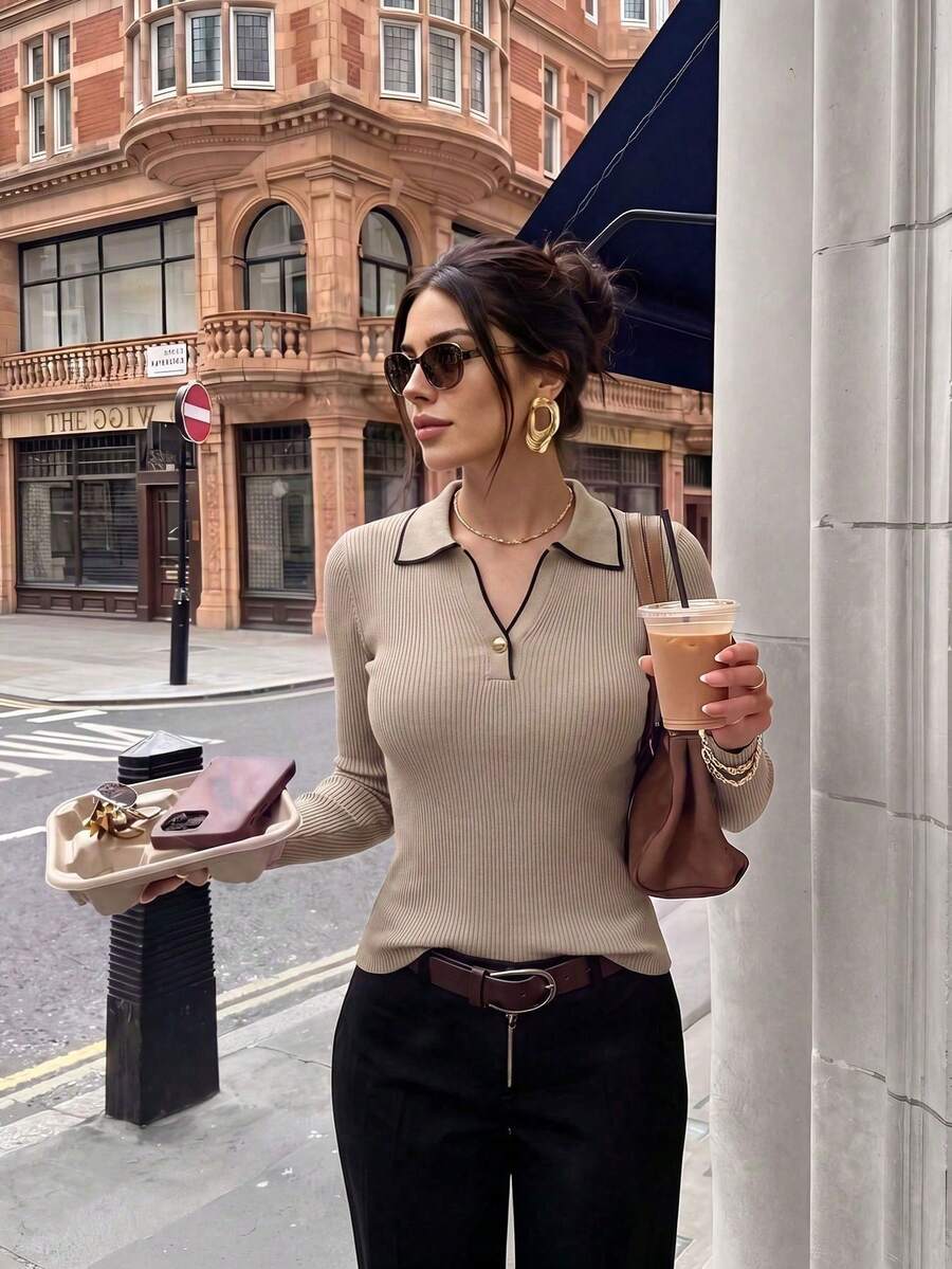 2026 Early Autumn New Polo Collar Knitted Base Layer Top For Women, 3-Button Turn-Down Collar Waist-Flattering Knit Sweater Fall - Khaki - View 1