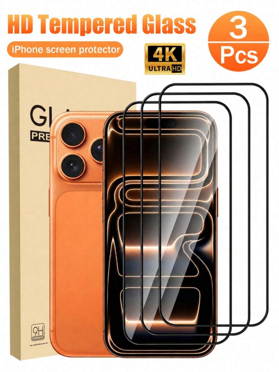 CASECOPS 3Pcs Silkscreen Full Screen HD Anti-Scratch Tempered Glass Screen Protector, Compatible With IPhone 18 Pro/18 Pro Max/17/16 Pro Max/16/16 Pro/16 Plus/15 Pro Max/15/15 Pro/15 Plus/14 Pro Max/14/14 Pro/14 Plus/13 Pro Max/13/13 Pro/12/11, Full Coverage, Anti-Scratch, Anti-Fingerprint, No Bubbles, Easy To Install, High-Quality Cell Phone Accessories - 3PCS - View 1