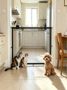 Retractable Breathable Mesh Pet Isolation Gate, No Drilling Installation, With Anti-Drill Suction Cup Hooks For Easier Setup, Convenient Pet Zoning, Suitable For Stairs, Balcony, Kitchen, Bedroom - Black - View 8
