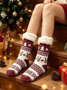 1 Pair Women's Socks Winter Heart Snowflake Christmas Tree Deer Pattern Thickened Thermal Lined Warm Anti-Slip Home Socks Suitable For Christmas, Pregnant Women, Daily Wear, Gift Giving - Multicolor - View 9