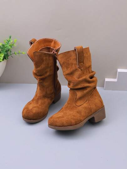 Children's Winter New Girls' High-Top Boots, British Style Vintage Kids' Warm Long Boots, Princess Fashion Boots, High-Heel Mid-Calf Height-Increasing Boots
