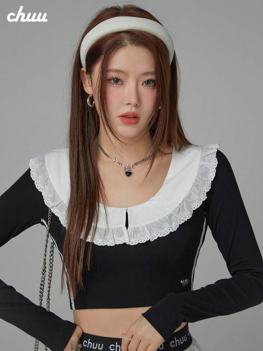 Áo thun nữ CHUU cổ bèo, dáng petite, ôm slim fit, phối ren, tay dài, lớp mặc trong mùa thu - màu đen - Xem 1
