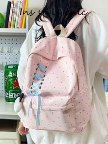 Small Polka Dot Contrast Color Ribbon Tie Backpack, Plush Puppy Charm Decoration, Waterproof Multi-Compartment Large Capacity, Sweet Ins Campus Style, Suitable For Students School, Daily Commute, Travel - Pink - View 5