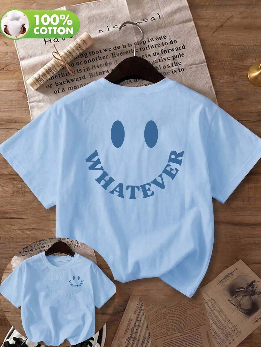 Kaos Wanita Kasual "Whatever" Kerah Bulat Lengan Pendek, Cocok untuk Musim Semi, Musim Panas, dan Musim Gugur - Baby Blue - View 1