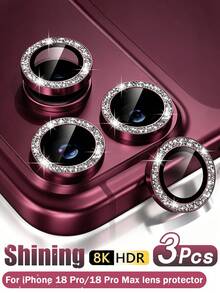 3Pcs Glitter-Claret Camera Lens Protector Compatible With Iphone 18 Pro/18 Pro Max Ultra HD 9H Tempered Glass Camera Cover Screen Protector Metal Ring Decoration Accessories - Burgundy - View 8