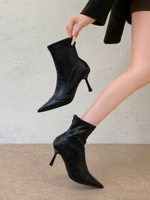 Sepatu Bot Ankle Hak Tinggi Stiletto Ujung Lancip Modis, Sepatu Bot Klasik Amerika Model Baru Musim Gugur/Dingin dengan Resleting Belakang - Hitam - View 6