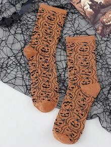 1 Pair Women's Halloween Mid-Calf Socks, Full Coverage Cute Pumpkin Print, Thick Warm Winter Socks, Ideal Choice For Halloween Party Outfit - Multicolor - View 6
