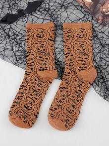 1 Pair Women's Halloween Mid-Calf Socks, Full Coverage Cute Pumpkin Print, Thick Warm Winter Socks, Ideal Choice For Halloween Party Outfit - Multicolor - View 8