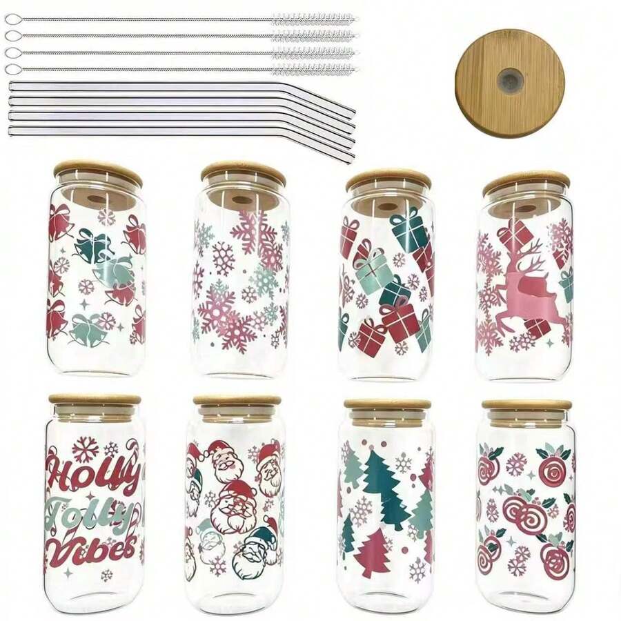 Christmas Themed Printed Glass Cup Set / Paired With Bamboo Lid. Glass Straw, Stainless Steel Straw Brush. Multiple Fun Holiday Patterns, Transparent Cup Body With Excellent Texture, Suitable For Cold Drinks, Juice, Coffee, Home Use, Holiday Gifts, Party Use, Perfect For Decorating The Atmosphere Of Winter Time. - Multicolor - View 1