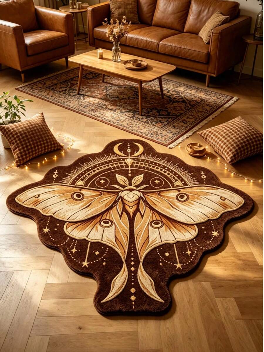 1pc Brown Magic Butterfly Decorative Rug, Mori Style, Vintage Witchy, Thickened Rug, Thick Rug, Plush Rug, Autumn/Winter Rug, Thickened Rug, Decorative Rug, Bedroom Decor, Small Rug, Rug - Brown - View 1