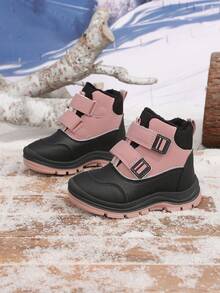 Girls' Colorblock Thermal-Lined Snow Boots With Hook-And-Loop, Warm, Anti-Slip, Wear-Resistant, Outdoor Cold-Proof Winter Boots - Pink - View 1