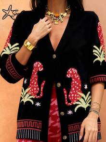 Sea Starshine Women's Casual Commute Straw Hat, Sun Print Leopard Long Sleeve Round Neck Cardigan With Amber Buttons, Autumn/Winter - Black - View 2