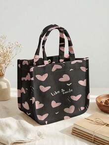 1pc Love Print Corduroy Tote Bag, Snap Button Closure Cute Handbag, Reusable Lunch Tote Bag For Student School Daily Outdoor Shopping Use - Multicolor - View 6