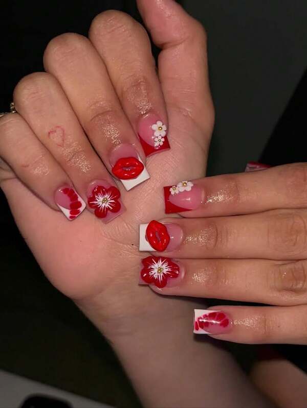 24PCS Short Square False Nail White Red French 3D Red Lips White Red Flower Nail Art Cute Alloy Acrylic Press On Nail Gel Nail Art Nail Supplies Nail Art Nail Set (Attached: 1pc Jelly Glue & 1pc Nail File) Suitable For Women's Daily Dating