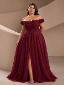 VIPGIRL Women's Elegant Plus Size Off-Shoulder Formal Evening Gown, 3D Rose Mesh Detail, Long Flare Ball Gown - Burgundy - View 1