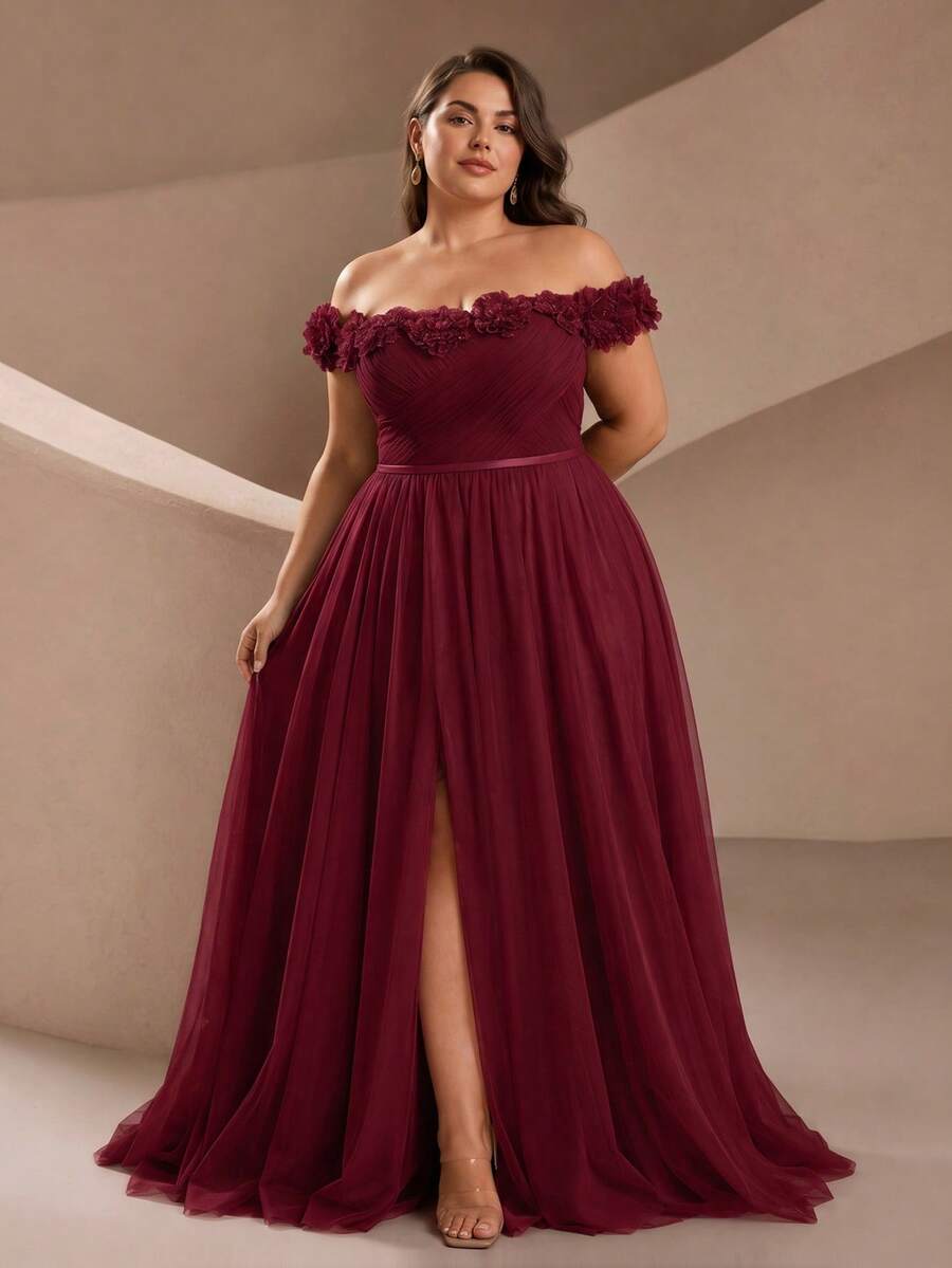 VIPGIRL Women's Elegant Plus Size Off-Shoulder Formal Evening Gown, 3D Rose Mesh Detail, Long Flare Ball Gown - Burgundy - View 1