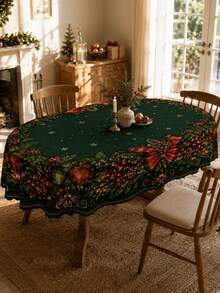 1pc Dark Green Christmas Wreath Tablecloth, Elegant Polyester Rectangular Tablecloth, Printed With Pine Branches, Red Bows, Berries And Decorative Balls Pattern, Suitable For Kitchen Decor, Home Decor, Room Decor, Christmas Home Decor And Classroom Decor - Multicolor - View 16