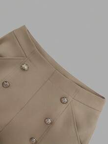 Women's Khaki High Waist Double Row Metal Button Wide Leg Suit Pants, Commuter Business Elegant Pants - Khaki - View 5