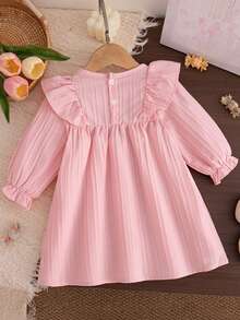 Autumn/Winter Minimalist Sweet Style A-Line Ruffle Bow Long Sleeve Dress For Toddler Girls, Suitable For Garden And Family Gatherings - Pink - View 2