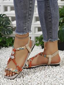 Damen Sommer Mode Boho Flache Sandalen, gewebtes Hohldesign mit Blumen- und Metallelement, geeignet für Strand, Urlaub, Dates und verschiedene Anlässe, Orange - Orange - Übersicht 5